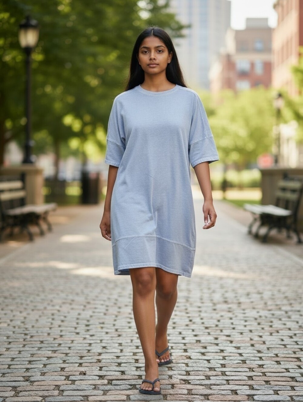 Poetry Organic Cotton Crewneck Tee Shirt Dress Baby Blue Size 6 Knee Length